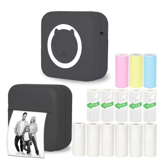Vicbear Mini Thermal Printer Inkless Sticker Printer with 14 Rolls Paper Bluetooth Portable Printer for iPhone/Android Phone/Tablet Mini Pocket Printer for Photos/Stickers/Labels/Notes Black