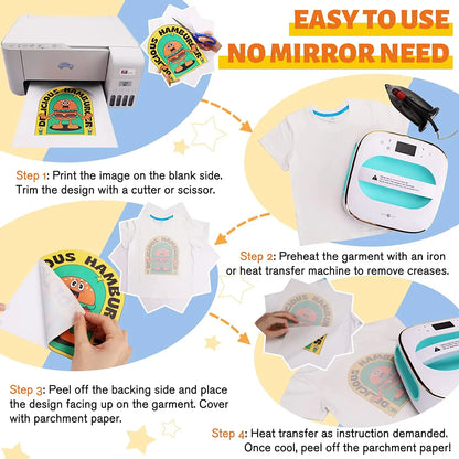 HTVRONT 20Pcs A4 Inkjet Heat Transfer Sublimation Printing Paper 8.5x11in Heat Transfer Paper DIY Cotton T-Shirt Iron On Paper